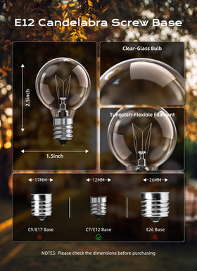 Warm white Brightown G40 globes for exterior ambiance.