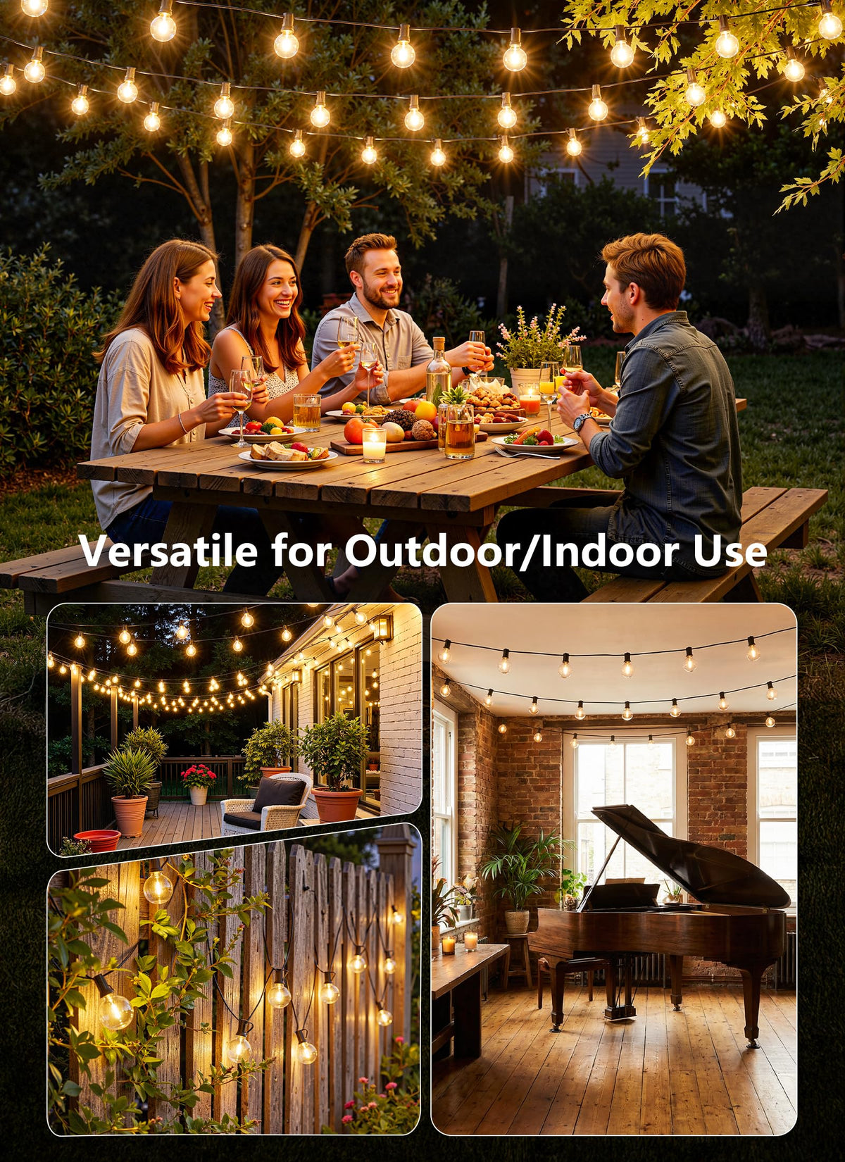 Weatherproof patio lights withstand rain and wind for year-round use.