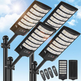BrightWe 4Pack solar street light front view offering broad outdoor illumination.