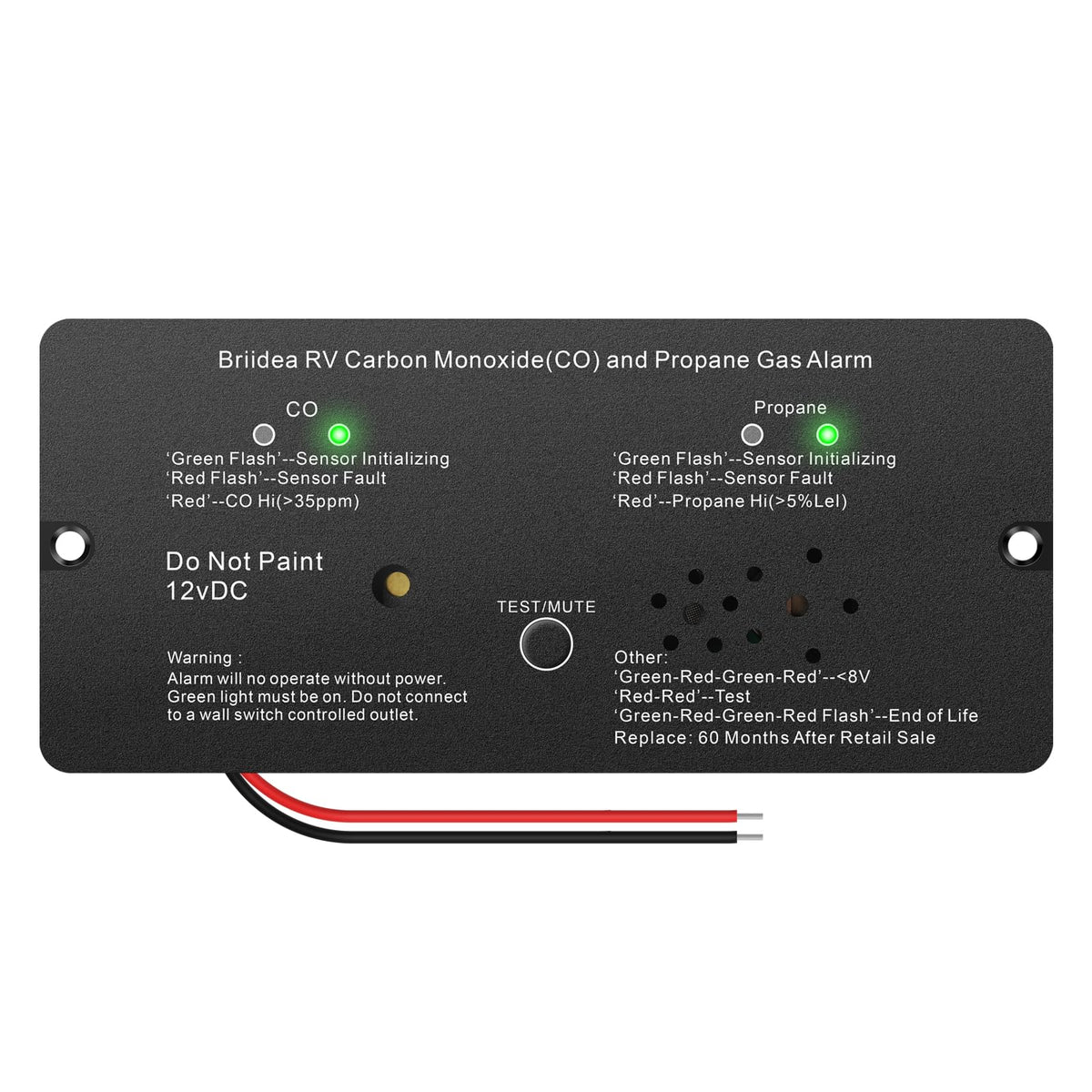 Briidea RV carbon monoxide and propane alarm front view with dual indicators for clear status.