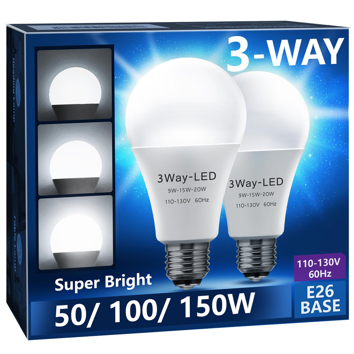Briignite 3-Way LED bulb pack front view, showcasing energy efficiency for homes
