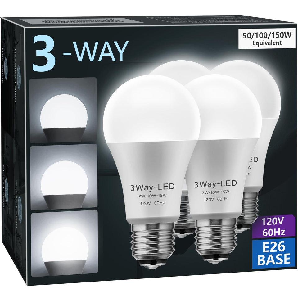 Briignite 3-Way LED bulbs front view with 5000K daylight for living spaces.