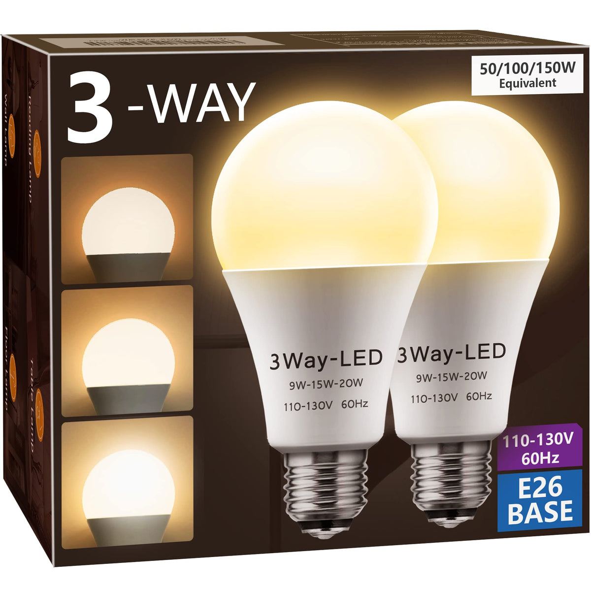 Briignite 3 Way LED bulbs pack front for energy-efficient home lighting.