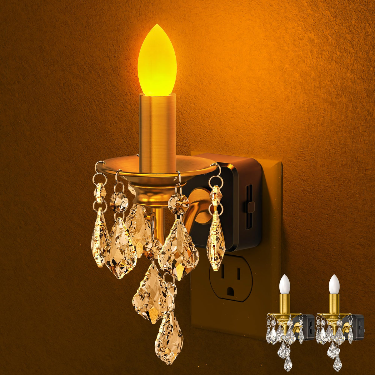 Briignite candle night light in gold candlestick providing warm ambient glow