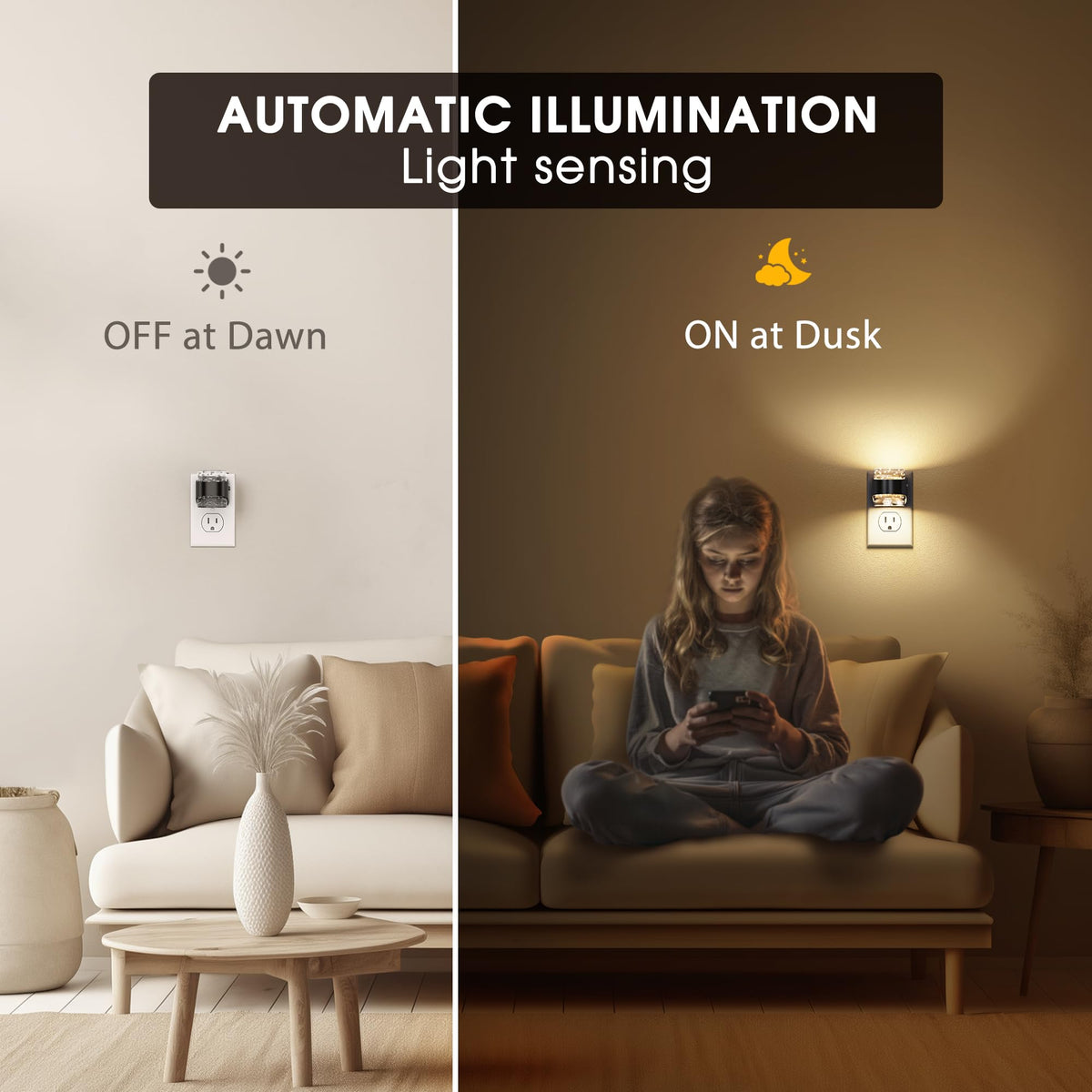 Briignite dusk-to-dawn sensor night light turns on automatically in darkness.