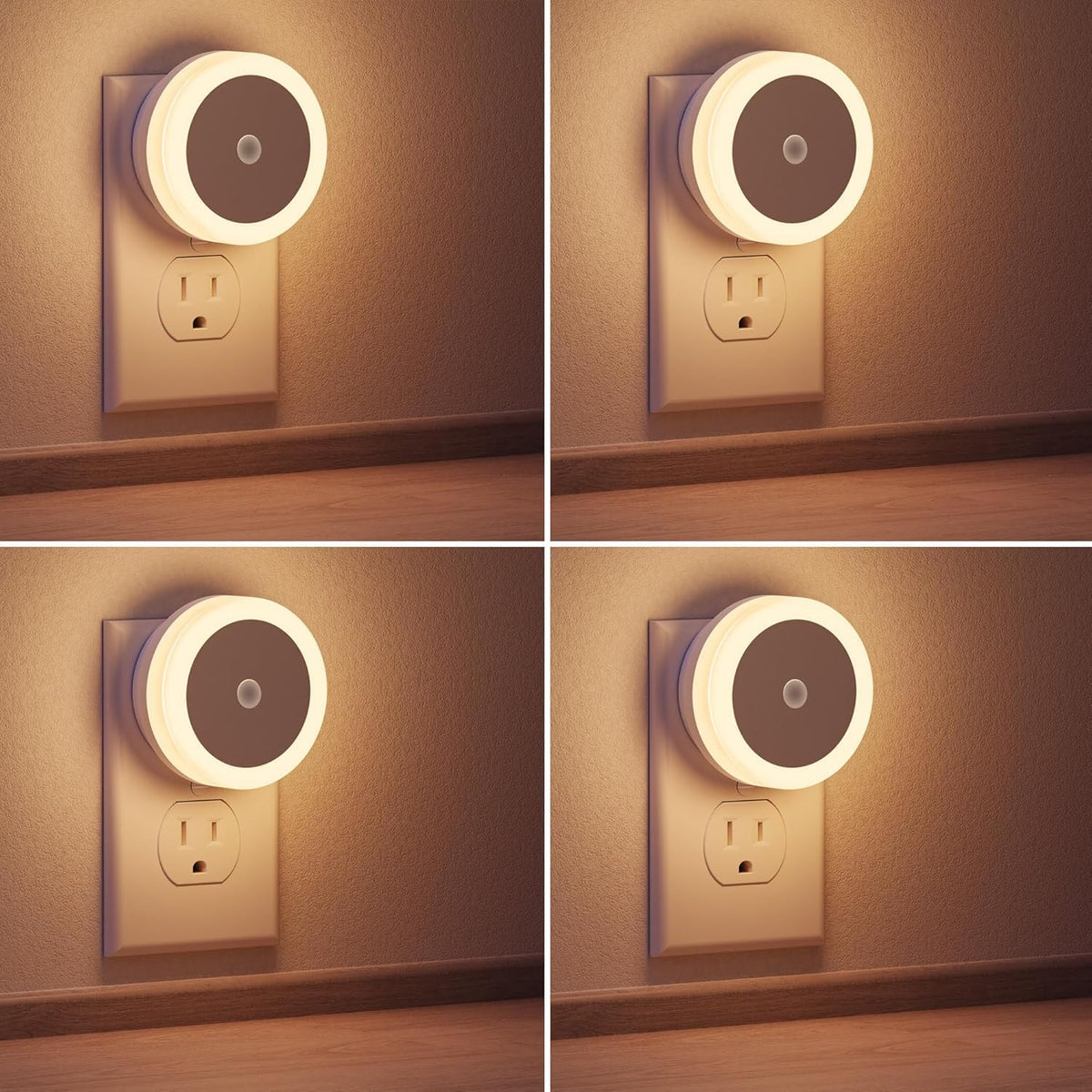 Briignite LED night light four-pack plugged into wall for space-saving illumination.
