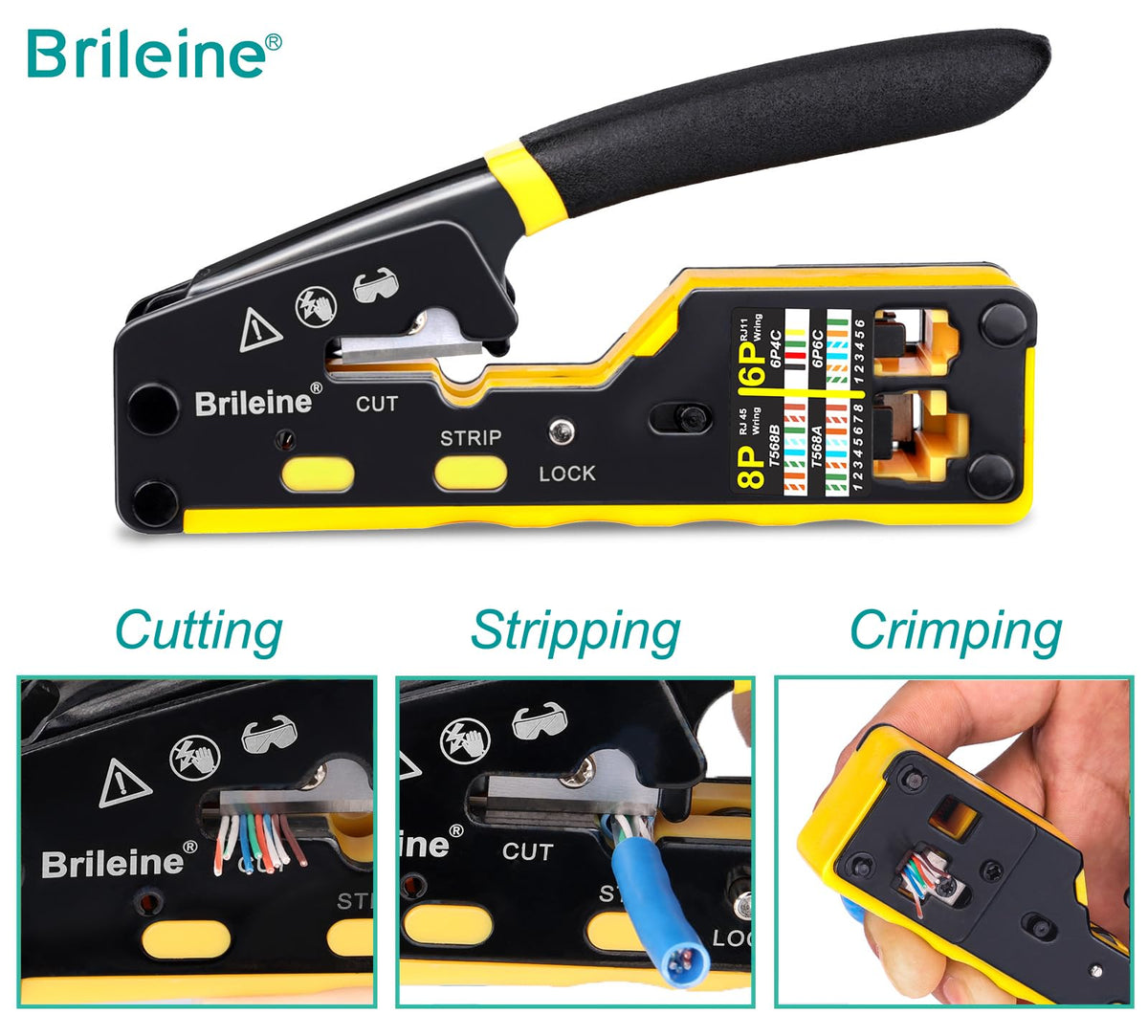 Brileine RJ45 crimp tool in pass-through action speeds installations