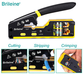 Brileine RJ45 crimp tool in pass-through action speeds installations