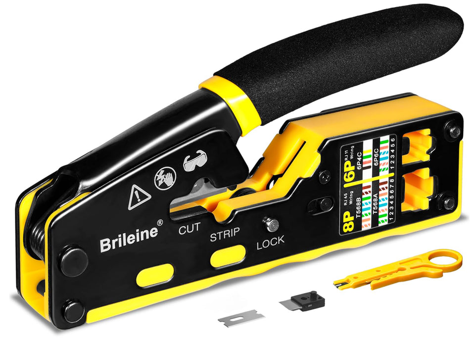 Brileine RJ45 crimp tool pass-through design for fast terminations.