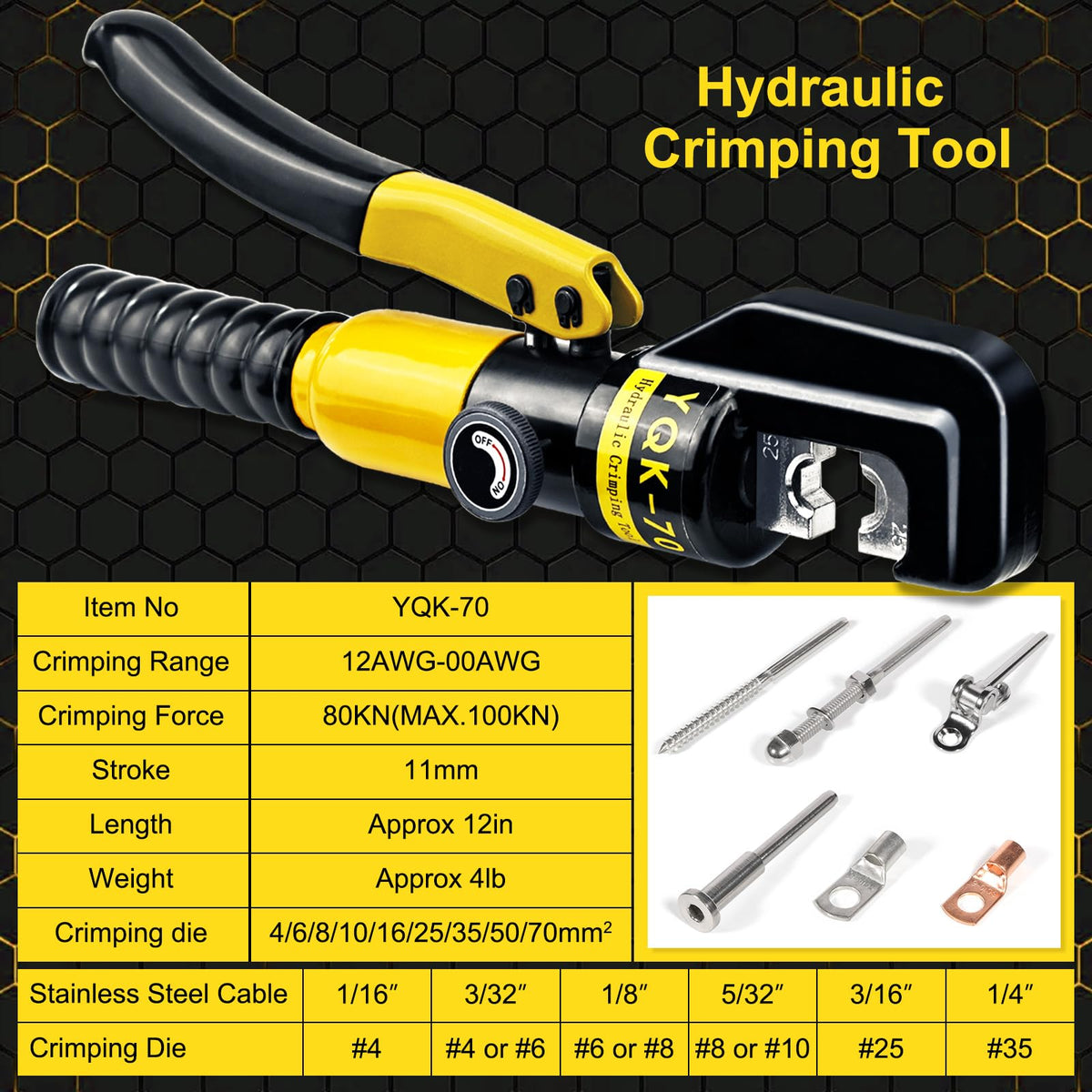 Brileine rotating head allows access to tight spaces during crimping.