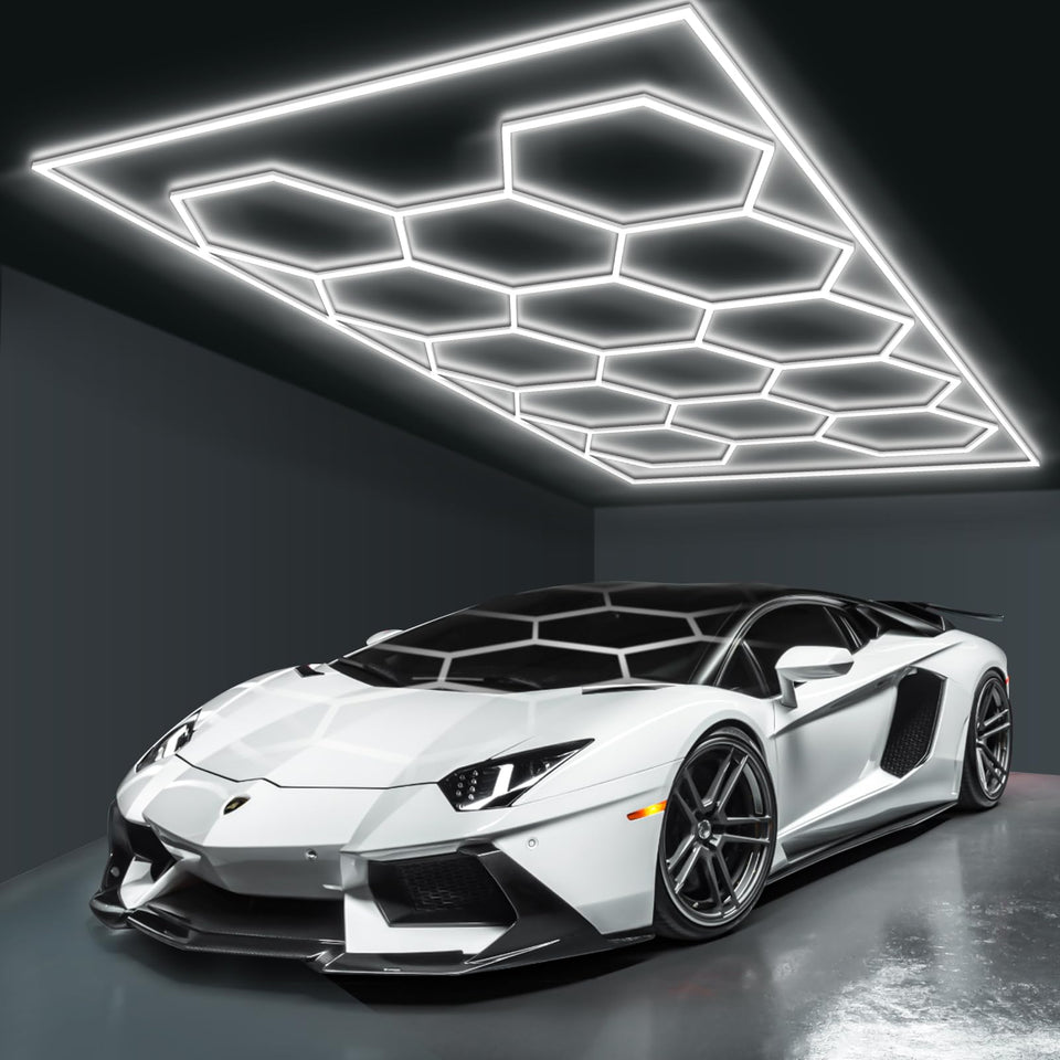 BRILLIHOOD Hexagon LED light panel for even garage illumination.