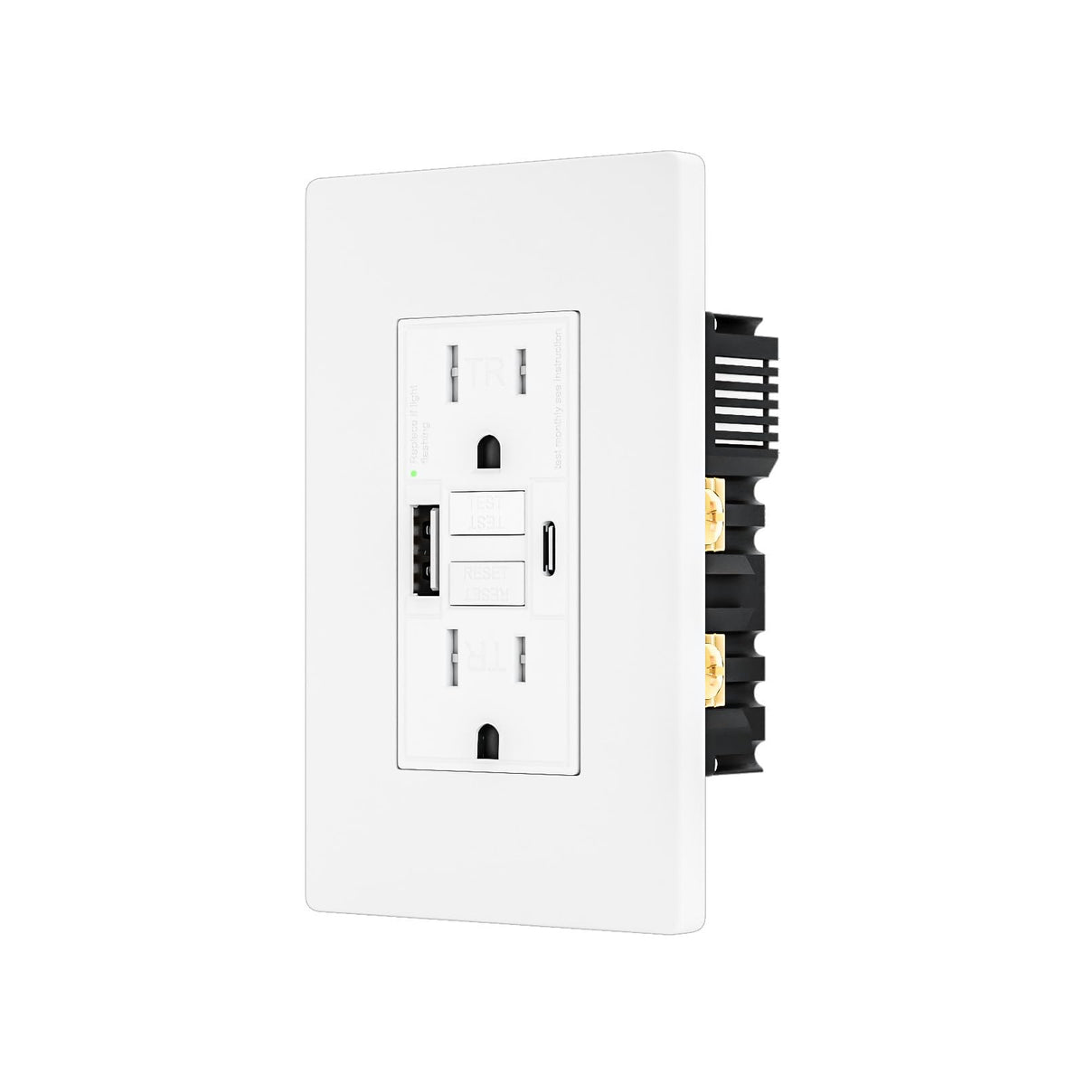 BRILLTECH 15A GFCI outlet with USB-C and USB-A ports for safe charging