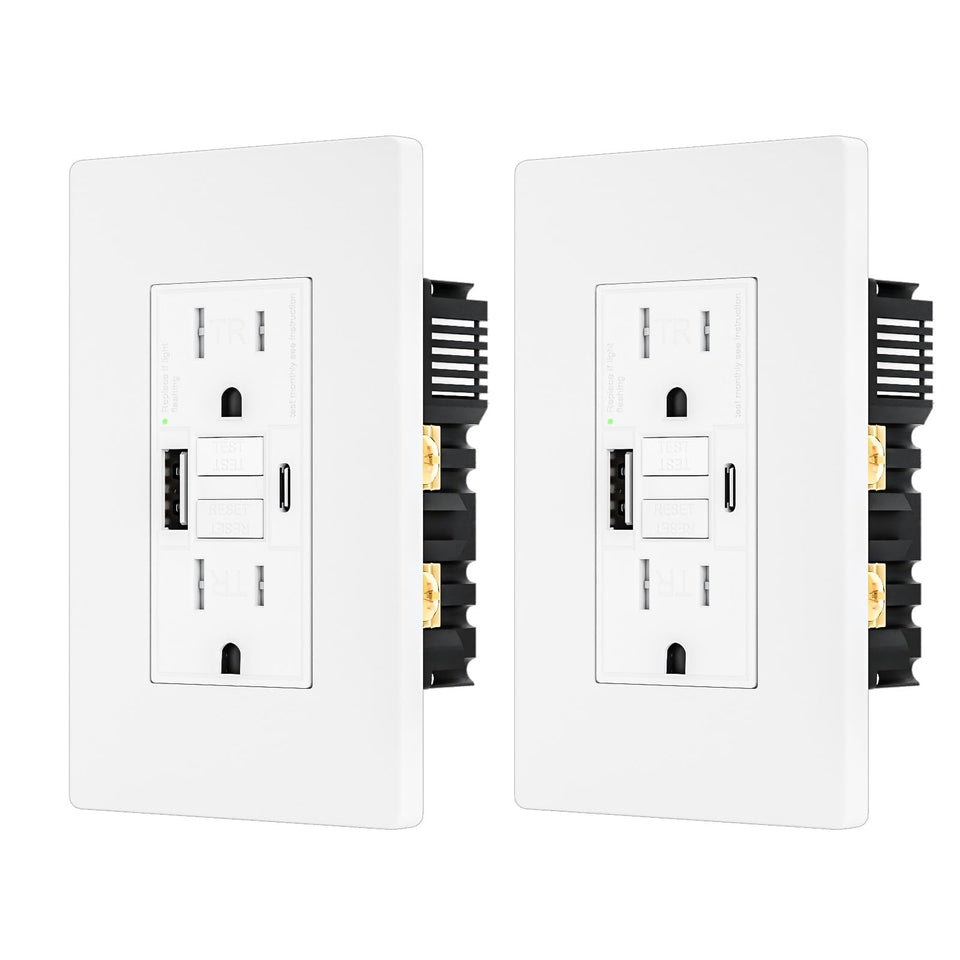BRILLTECH 2PACK GFCI outlet with USB A and USB C ports in white for simultaneous charging