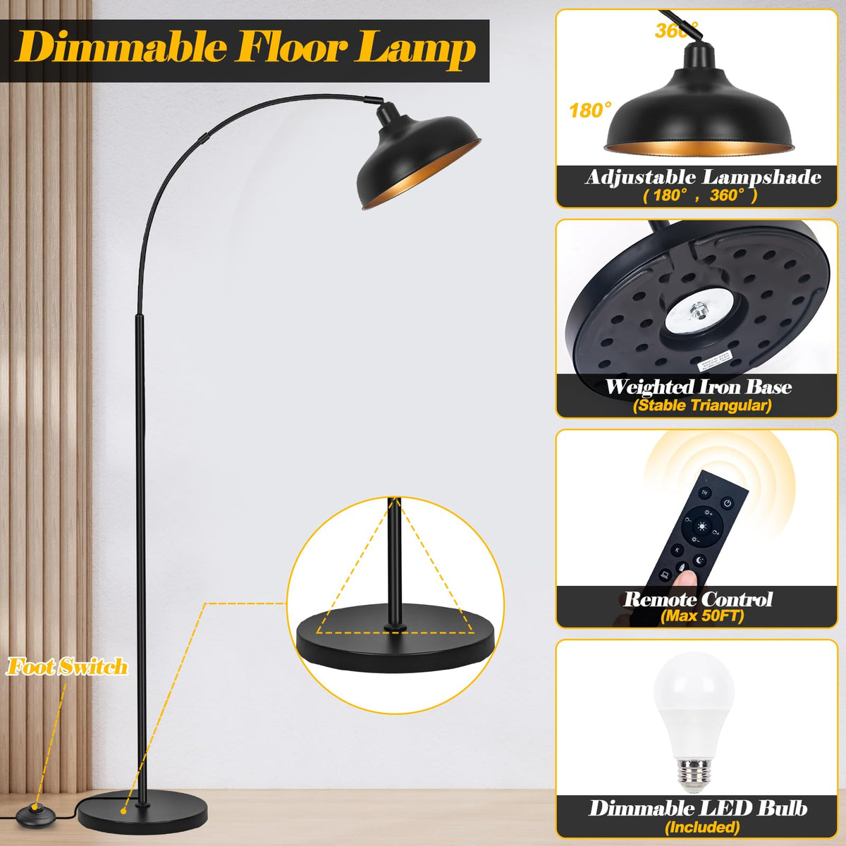 Brilvibera Arch Floor Lamp with 360-degree shade for precise lighting.