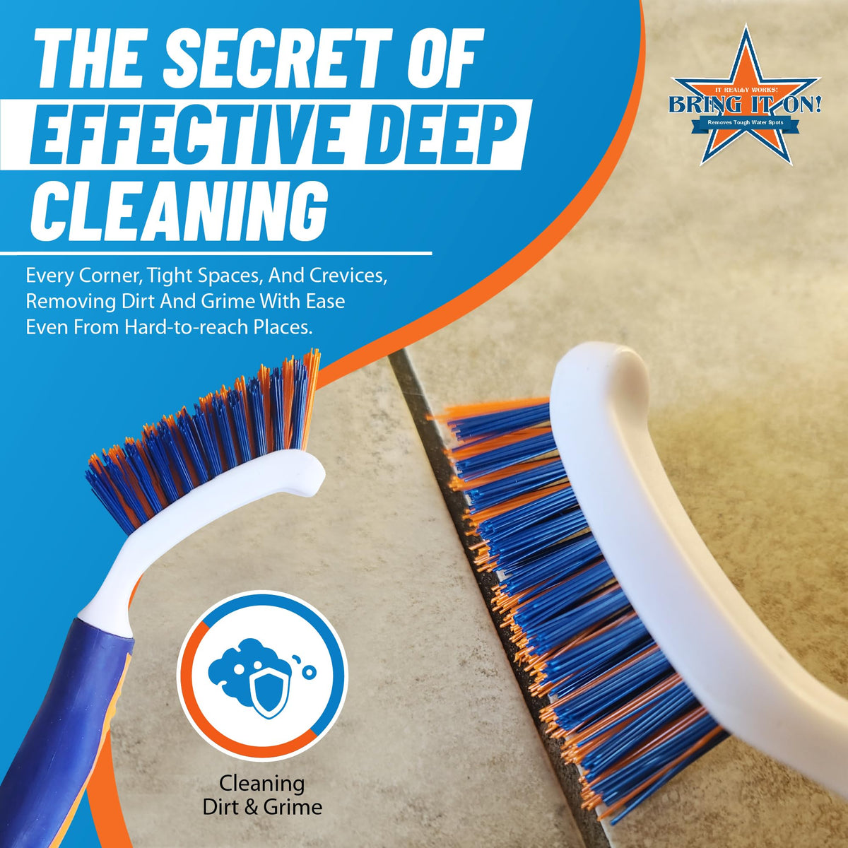 BRING IT ON! CLEANER shower track brush clears soap scum in door rails.