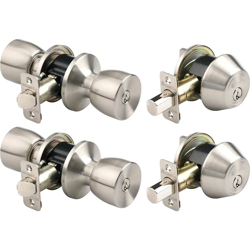 BRINKS Bell Style keyed entry knob front view shows satin nickel finish for exterior security