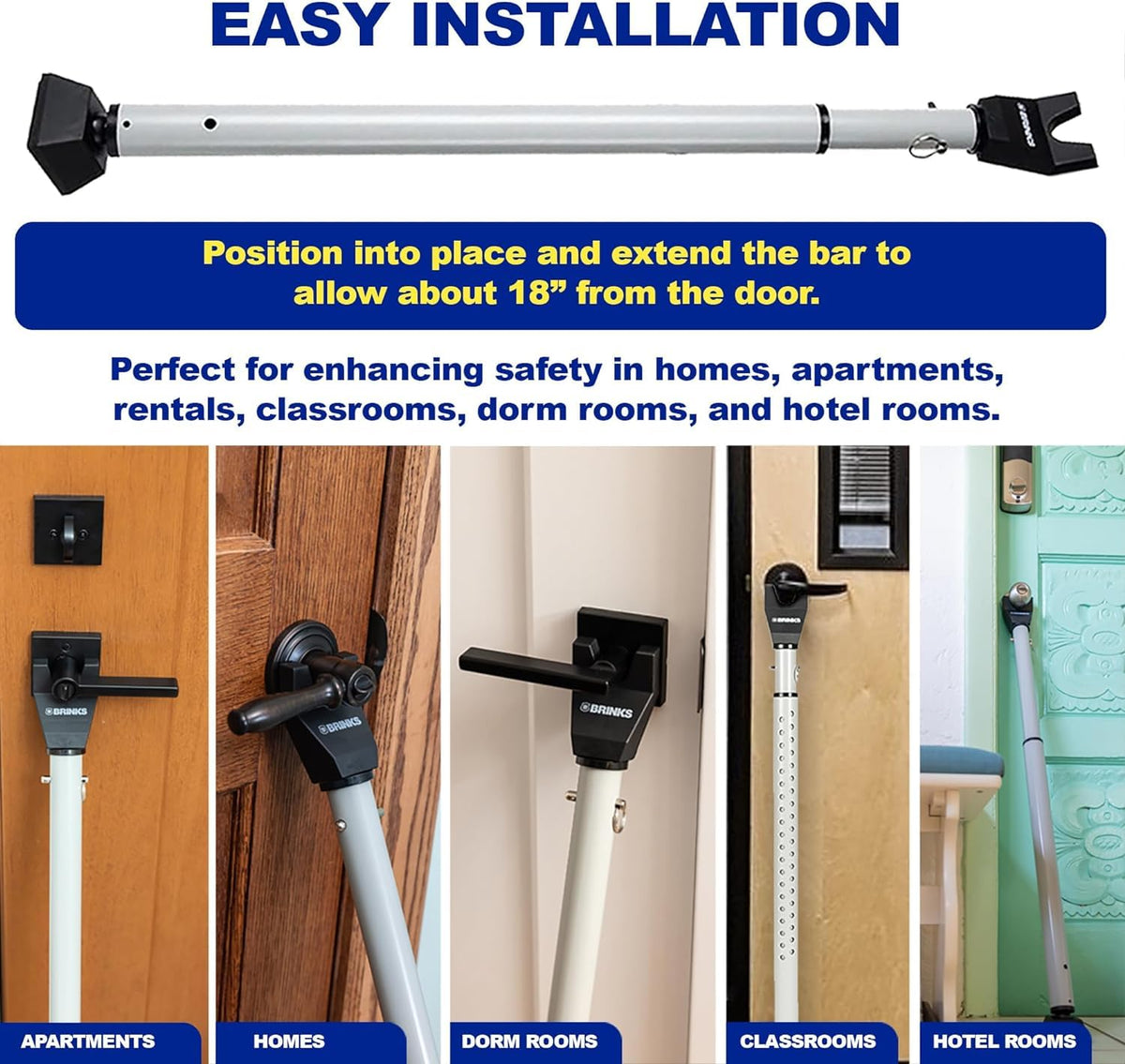 BRINKS Door Security Bar non-marring top yoke protects floors during use