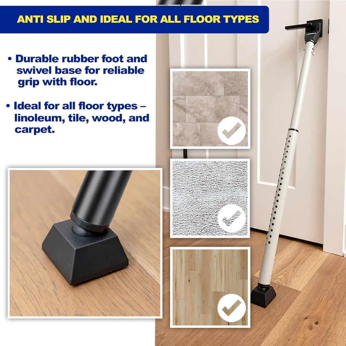 BRINKS security bar with pivoting padded foot protecting floors