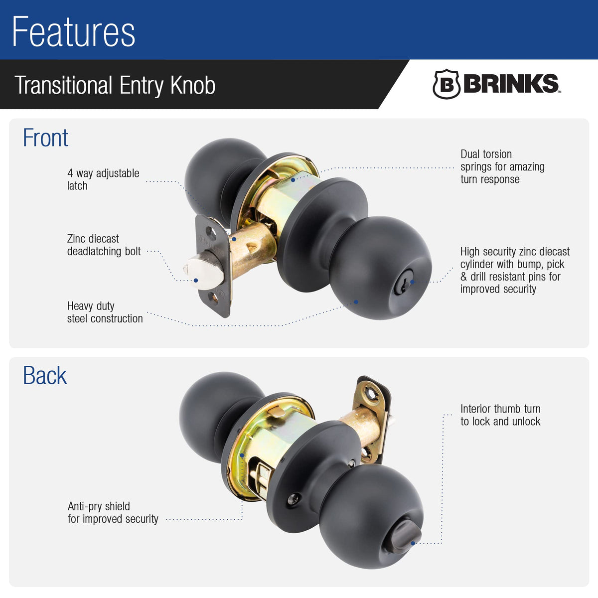 BRINKS exterior knob with anti-pry shield enhances home security
