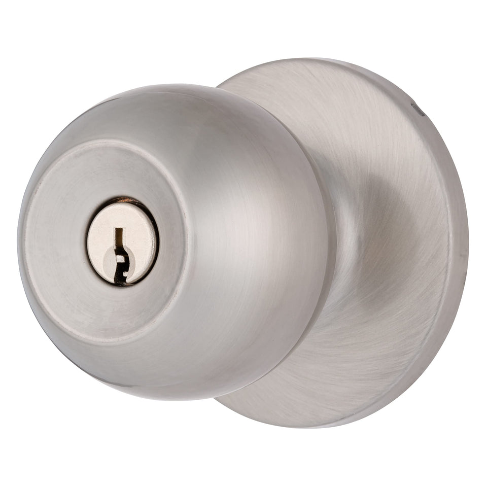 BRINKS Transitional Keyed Entry knob satin nickel front view for secure exterior entry
