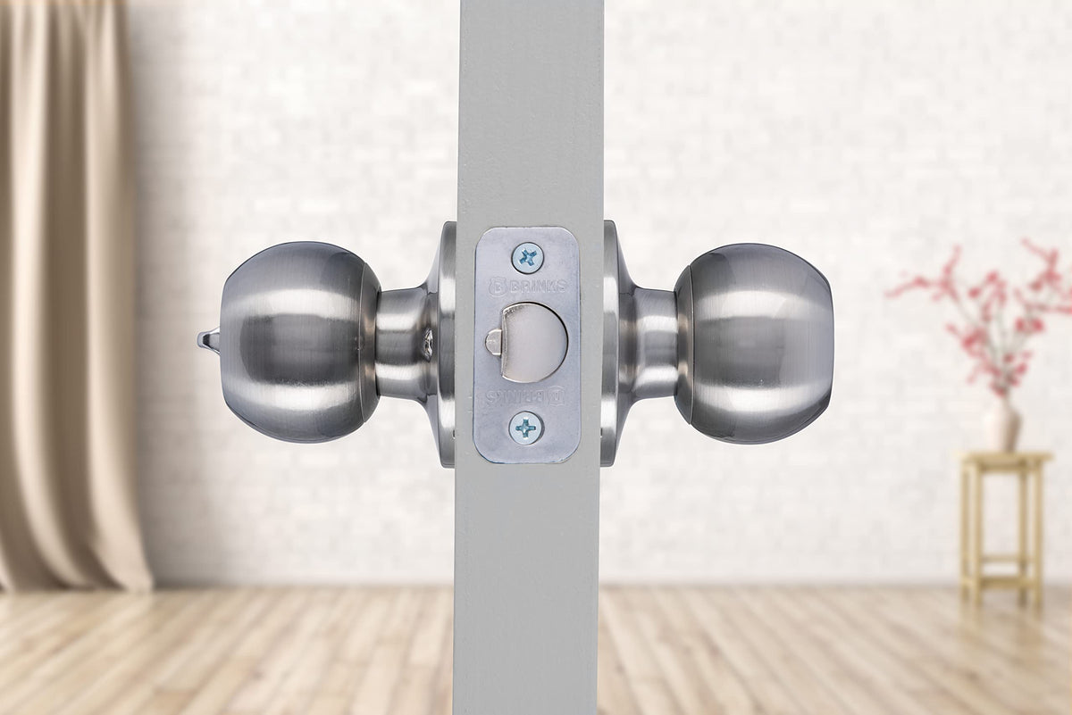 BRINKS Satin nickel knob interior view showing accessible locking mechanism