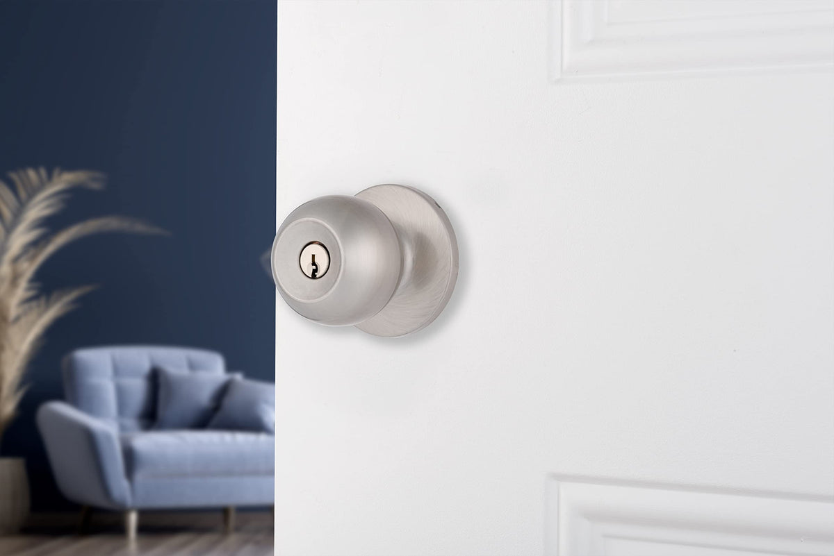 BRINKS Transitional Keyed Entry knob satin nickel side profile blends with home aesthetics