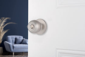 BRINKS Transitional Keyed Entry knob satin nickel side profile blends with home aesthetics