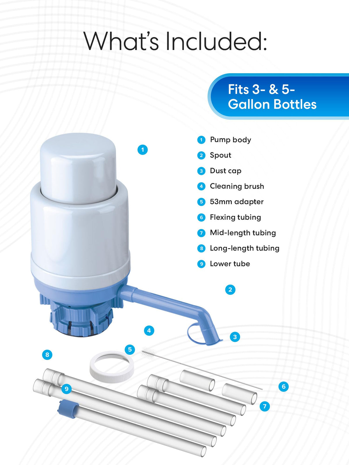 Brio pump lower tube extended to fit various bottle sizes