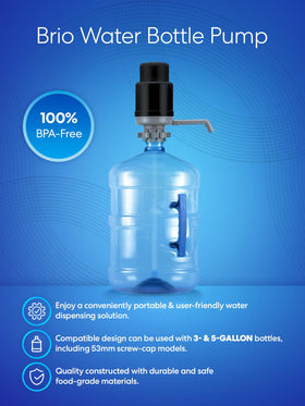 Brio universal water bottle pump lower tube adjustment fits multiple bottle sizes.