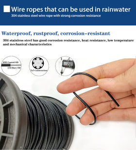 BRISBONN vinyl-coated stainless steel wire rope providing durable outdoor support.
