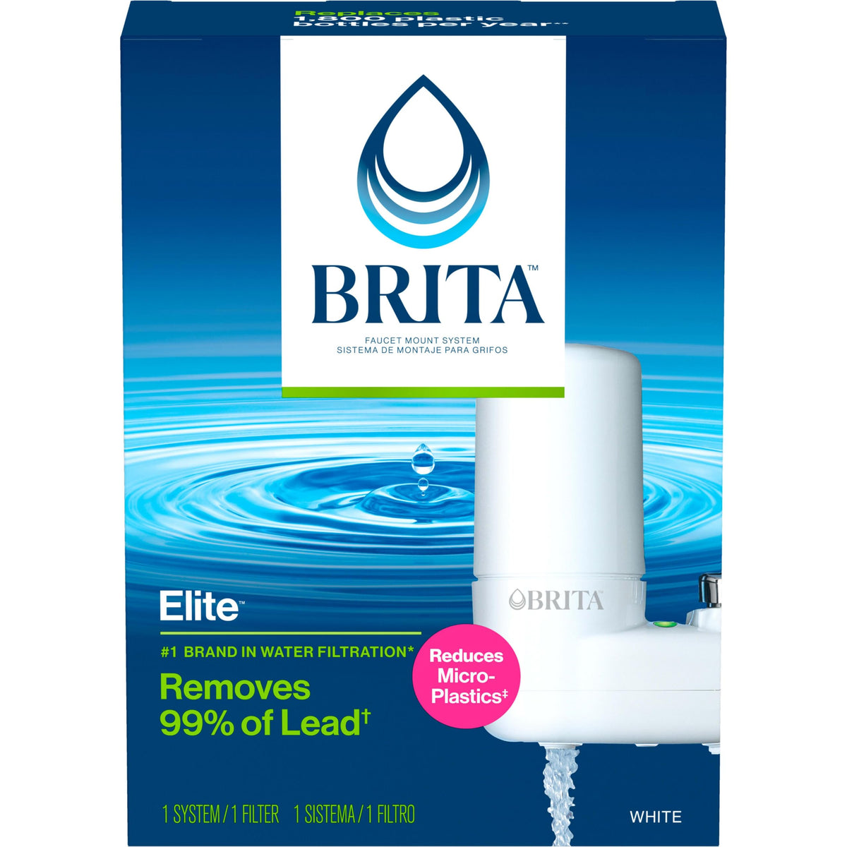 Brita Basic faucet-mount filter attached to a white faucet for clean-tasting water on demand.