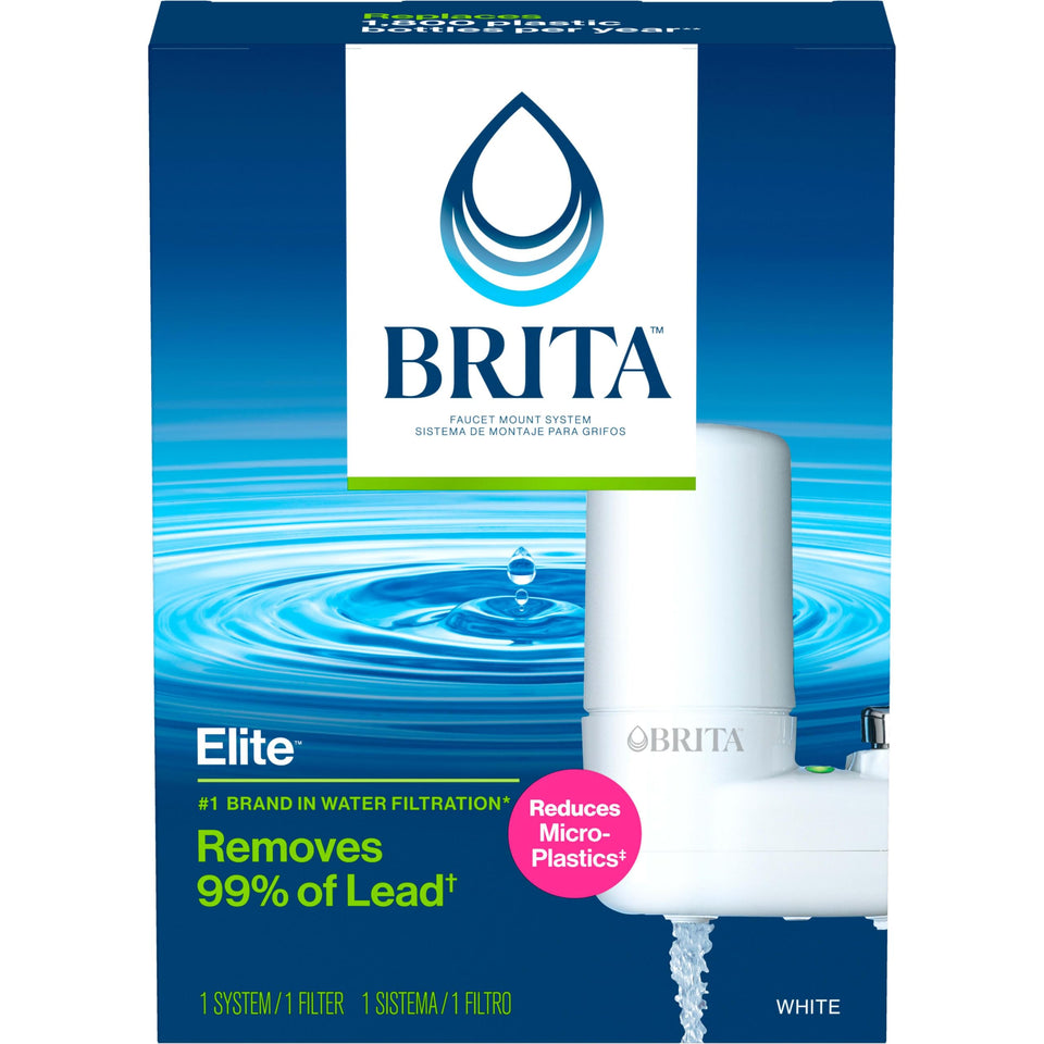 Brita Basic faucet-mount filter attached to a white faucet for clean-tasting water on demand.