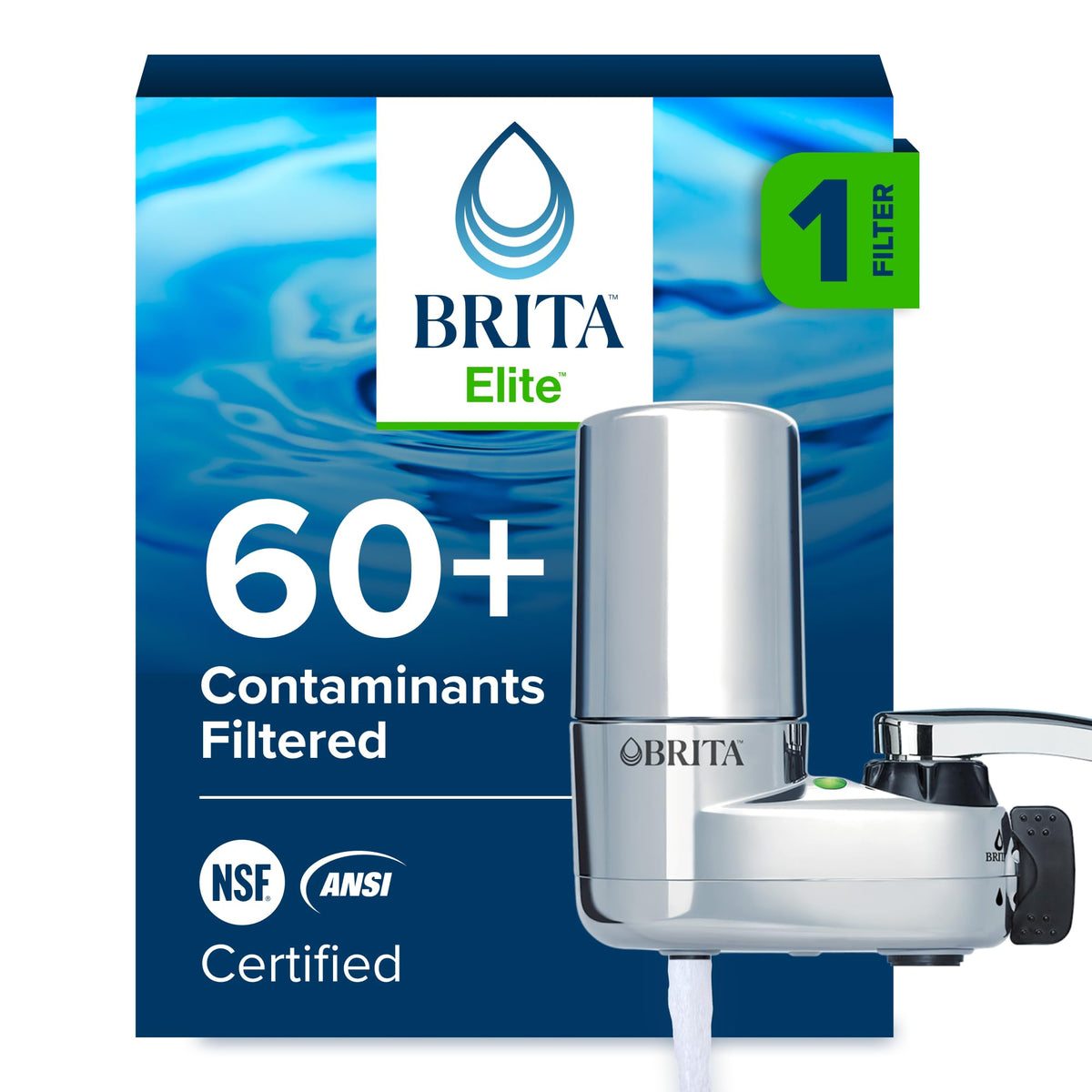 Brita faucet-mount chrome close-up for clean-tasting water on demand.