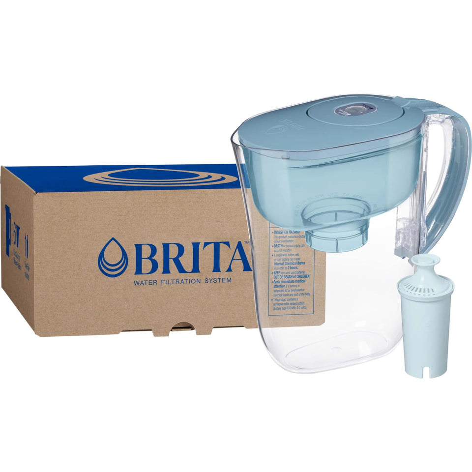 Brita Small 6-Cup Pitcher Metro Stone Blue front view highlights compact design for easy fridge storage.