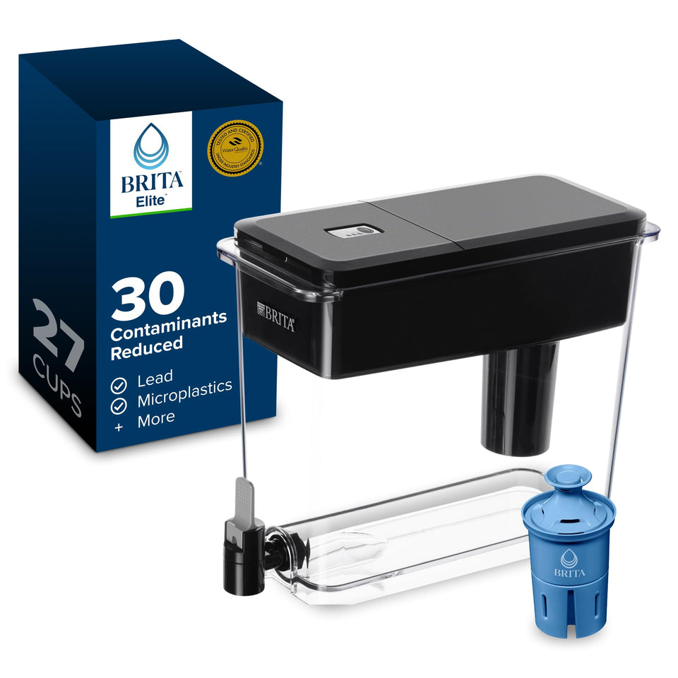 Brita UltraMax Elite dispenser front view showing 27-cup capacity for family hydration.