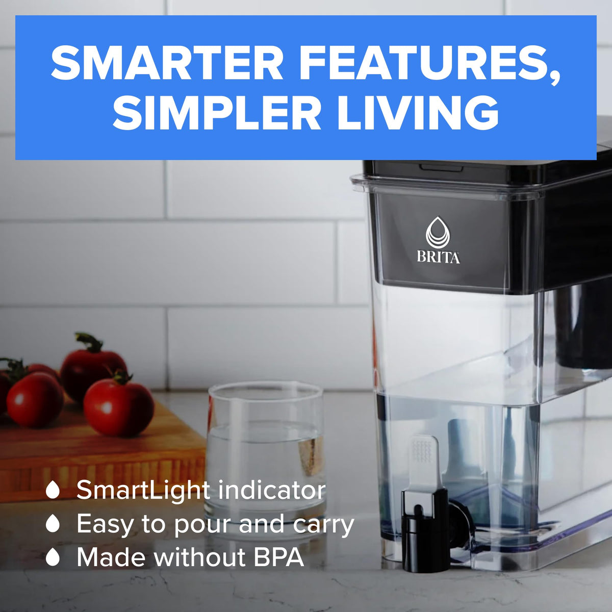 Pouring water from Brita UltraMax spout into a glass for refreshment