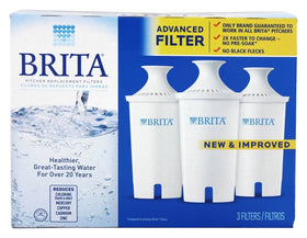 Brita water pitcher replacement filter packaging highlights quick install and BPA-free design.