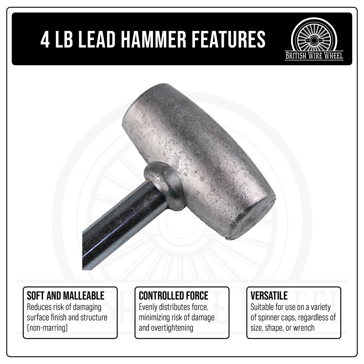British Wire Wheel non-marring lead hammer with dead-blow action for smooth wheel work