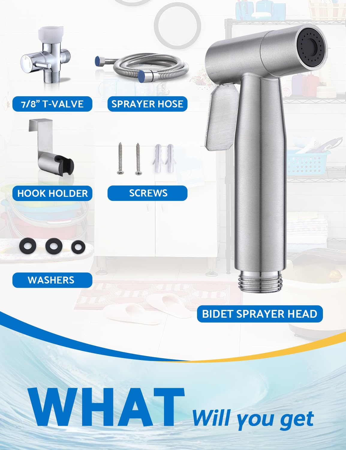 BRITULIF bidet sprayer no-drill dual mount shows rental-friendly, versatile placement.