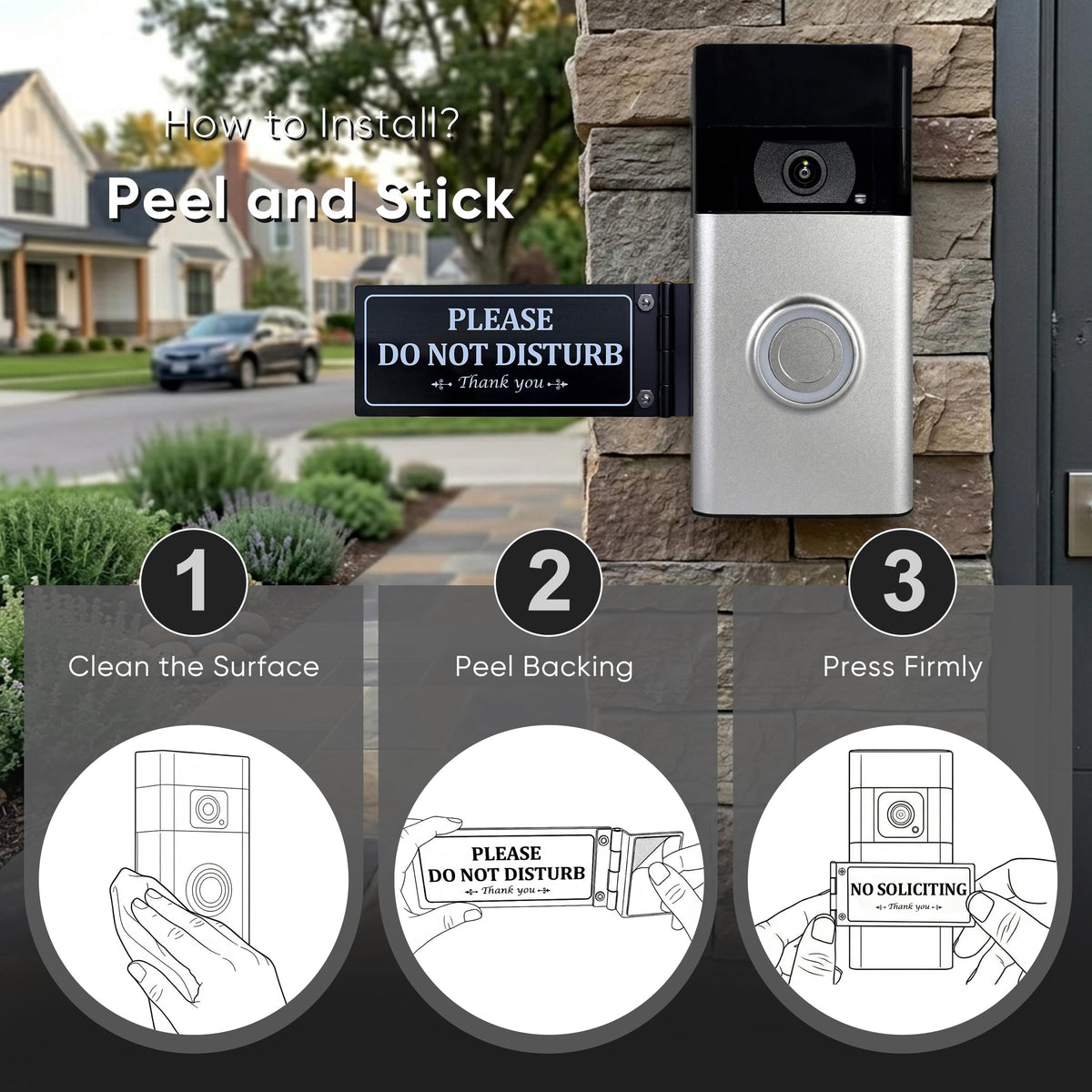 Brivdeto includes three interchangeable signs for flexible porch messaging.