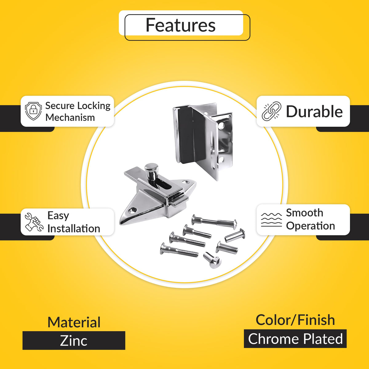 BRIXWELL chrome surface-mounted latch and keeper for quick setup.