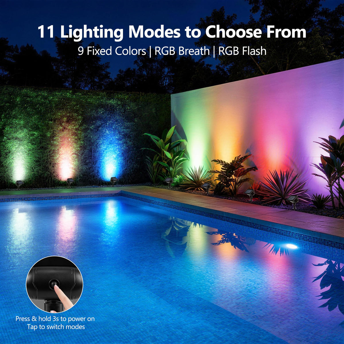 Brizled color-changing spotlight offers RGB colors for festive outdoor ambiance.