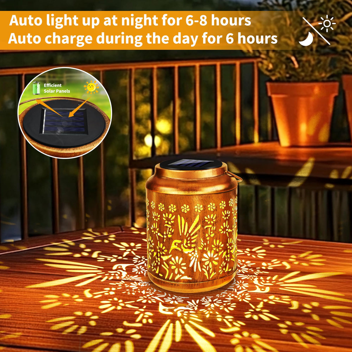 Brizled hummingbird lantern with flower pattern adds charming garden ambience.