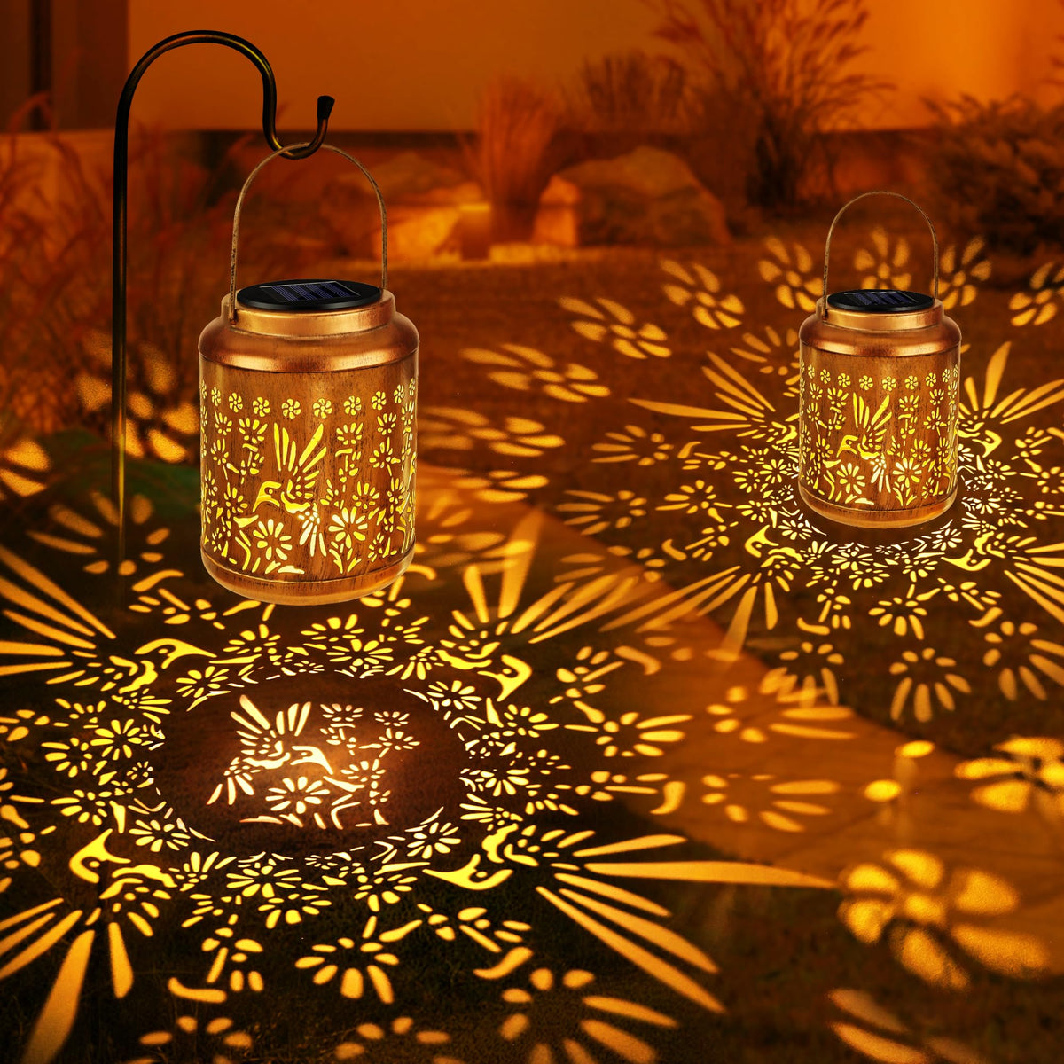 Brizled hummingbird lantern hanging design casts soft shadows for evening ambience.
