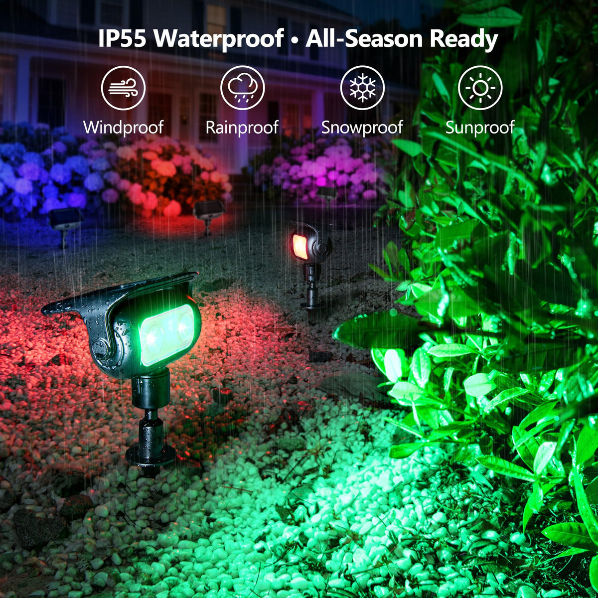 Brizled solar spotlight package includes stakes, poles, and mounting kits.