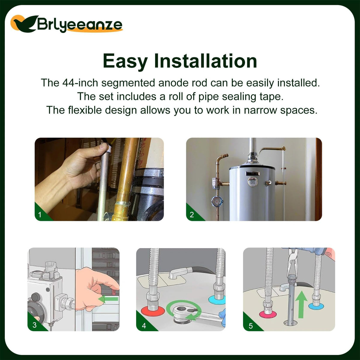 Teflon sealing tape included for a secure, leak-proof Brlyeeanze installation