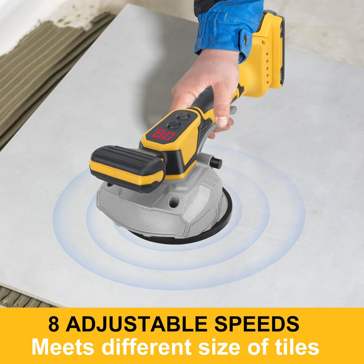 Brngeqi tile vibration tool in 8-speed mode enables precise tile leveling.