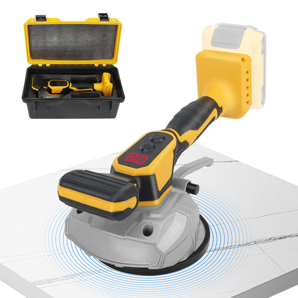 Brngeqi tile vibration tool connected to a DeWalt 20V battery for quick setup.