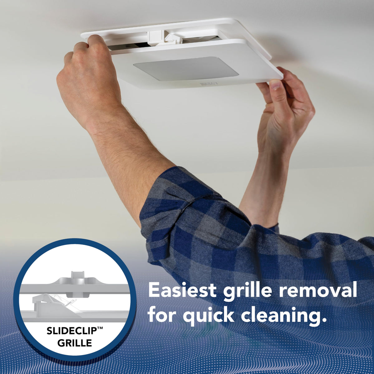 Broan-NuTone BEL8 CleanCover grille blends into ceiling for a modern, seamless look.