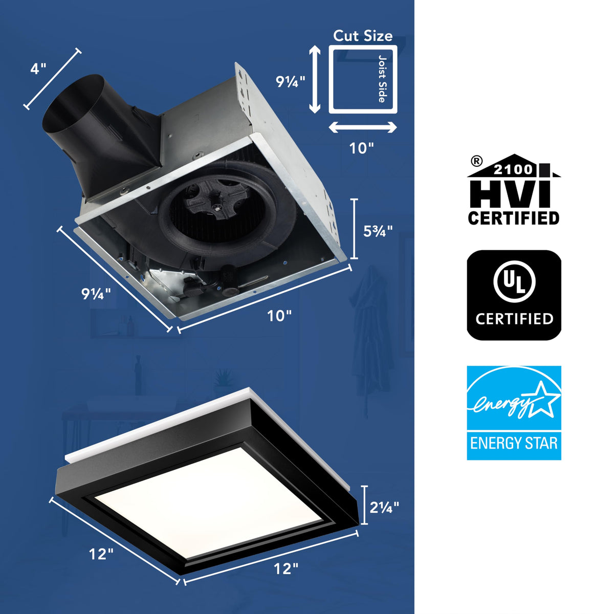 Broan-NuTone square flat panel LED light provides bright, long-lasting illumination.